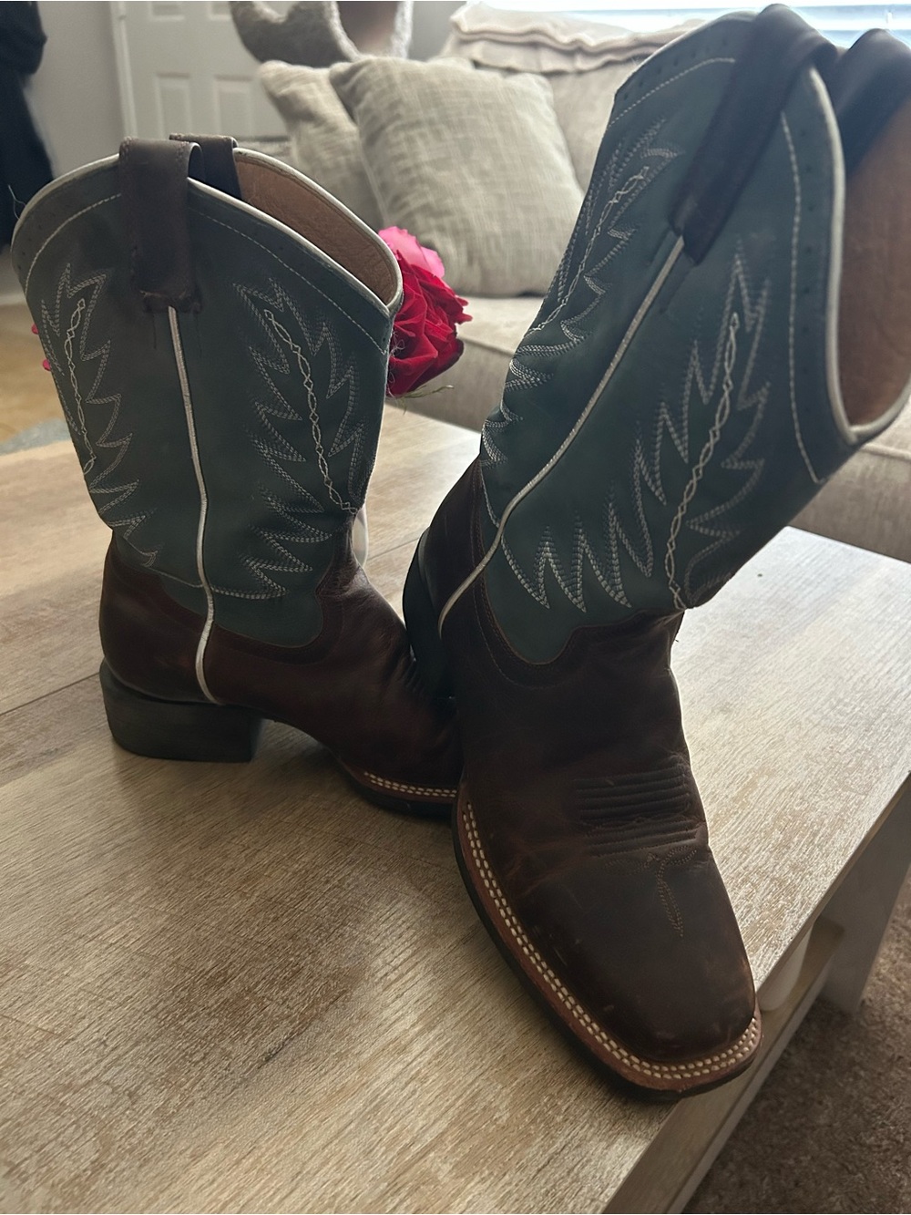 Shyanne Women’s Brown Leather Western Cowboy Boots with Teal Shaft